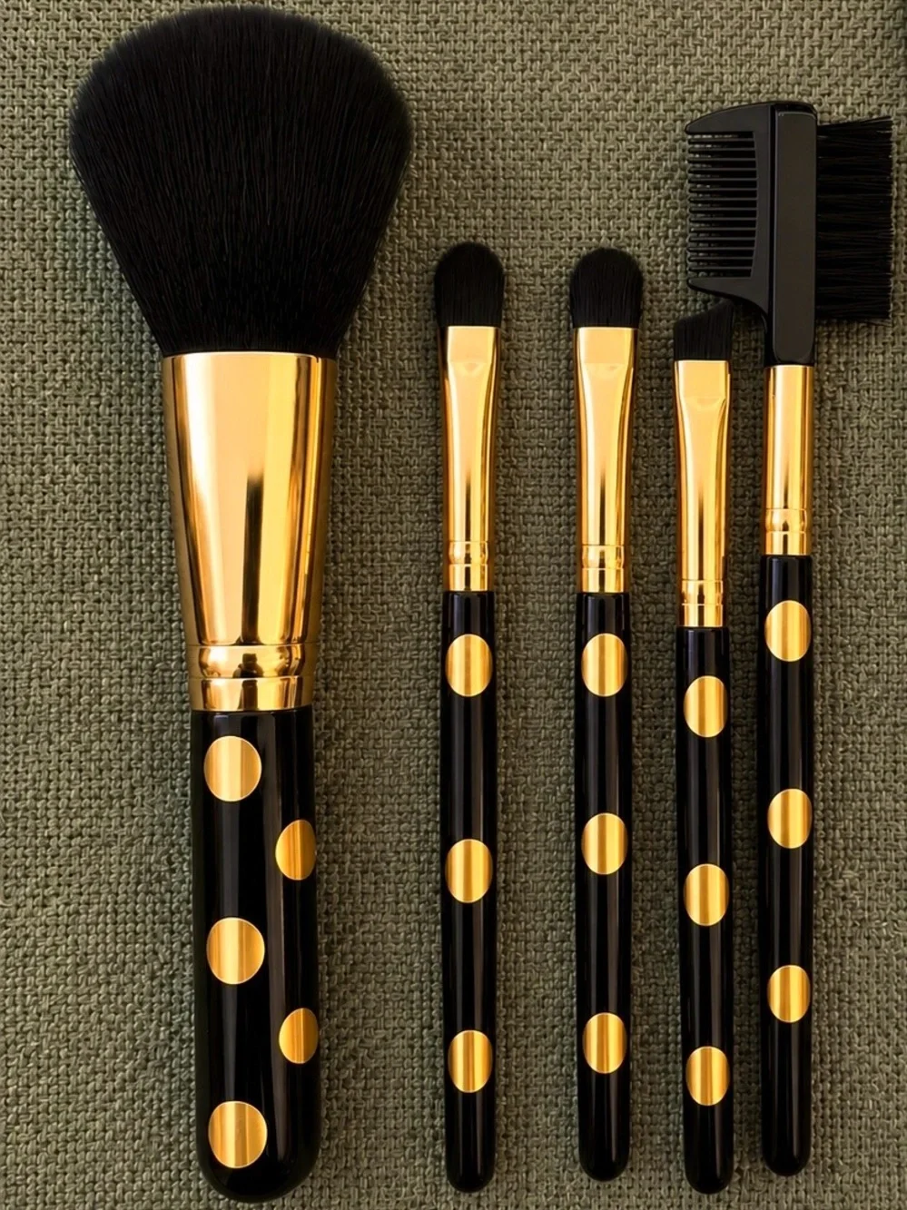 Love & Beauty 5 Pc Black & Gold Polka Dot Fashion Make Up Cosmetic Brush Set NIP